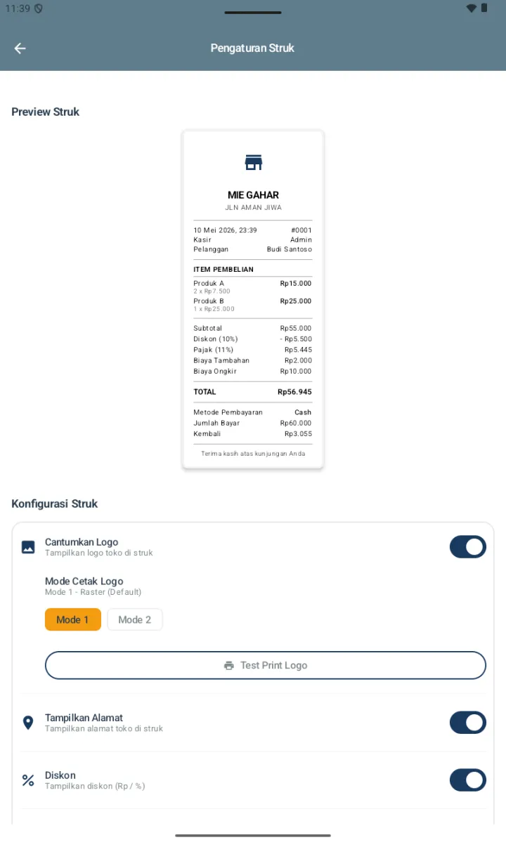 Pengaturan Struk dengan Preview Struk MIE GAHAR di atas (header toko, info transaksi #0001, item pembelian, Subtotal/Diskon/Pajak/Biaya/TOTAL/Metode/Bayar/Kembali, footer Terima kasih), section Konfigurasi Struk dengan Cantumkan Logo toggle ON, Mode Cetak Logo (Mode 1 Raster default / Mode 2 Bit Image), tombol Test Print Logo, toggle Tampilkan Alamat ON, Diskon ON