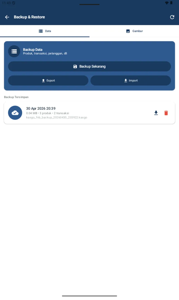 Halaman Backup & Restore dengan 2 tab Data dan Gambar, card navy Backup Data Produk transaksi pelanggan dll dengan tombol Backup Sekarang dan 2 tombol Export/Import, section Backup Tersimpan dengan card 30 Apr 2026 20:39 0.04 MB 3 produk 2 transaksi nama file kasgo_fnb_backup_20260430_203922.kasgo dengan icon download dan delete merah