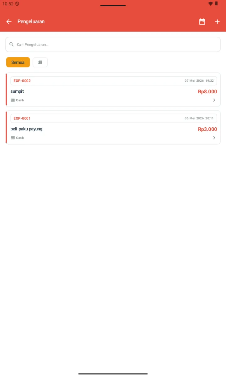 Halaman Pengeluaran dengan search Cari Pengeluaran, chip filter Semua/dll, list 2 pengeluaran EXP-0002 sumpit Rp8.000 Cash 07 Mei 2026 dan EXP-0001 beli paku payung Rp3.000 Cash 06 Mei 2026, header punya icon kalender dan +