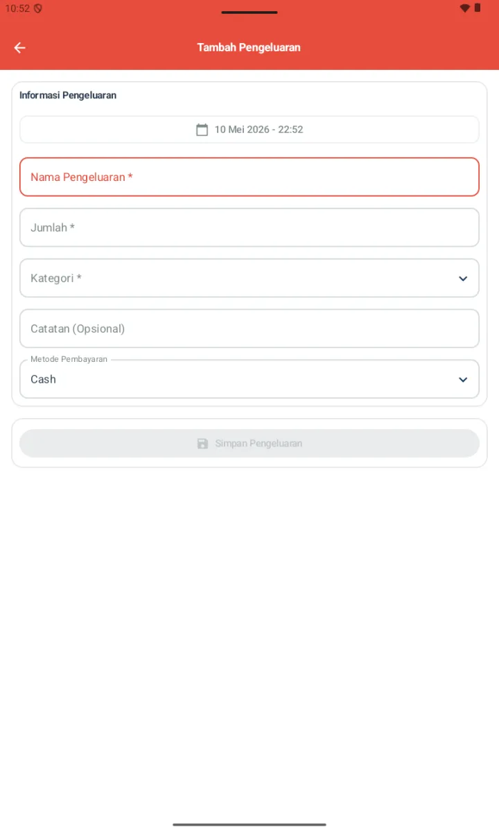 Form Tambah Pengeluaran dengan field Tanggal/Jam (10 Mei 2026 22:52 default), Nama Pengeluaran required, Jumlah required, Kategori required, Catatan Opsional, Metode Pembayaran Cash, tombol Simpan Pengeluaran