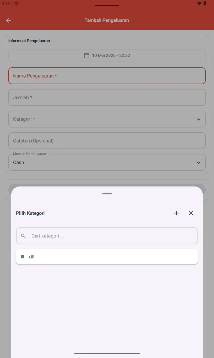 Bottom sheet Pilih Kategori dengan search Cari kategori, tombol + di header, list 1 kategori existing dll dengan dot indicator