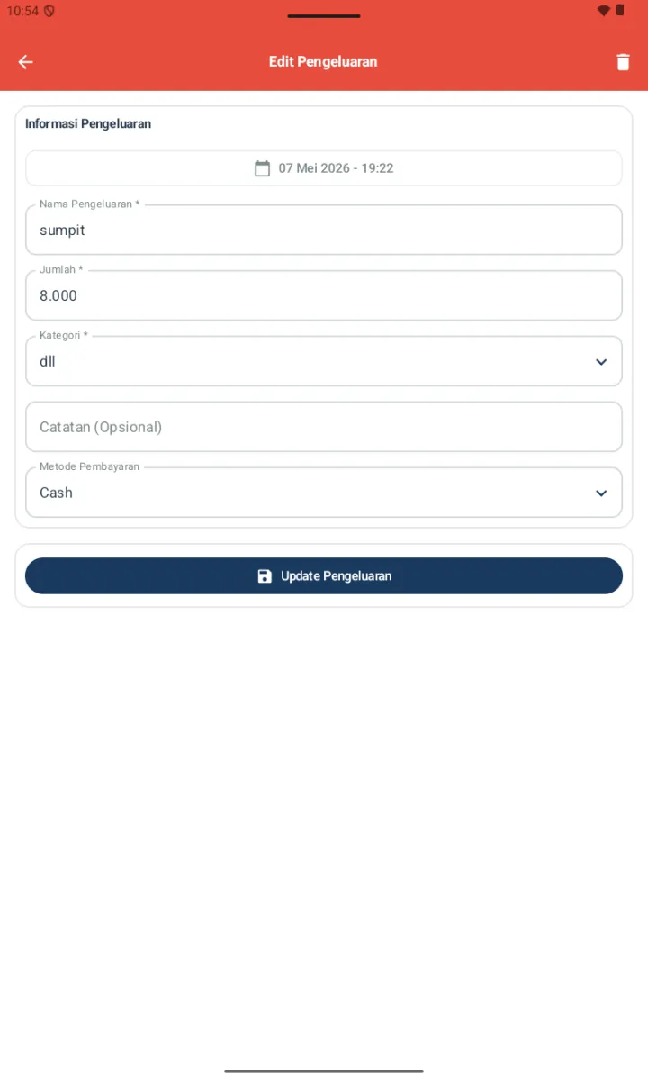 Halaman Edit Pengeluaran dengan field pre-filled tanggal 07 Mei 2026, nama sumpit, jumlah 8.000, kategori dll, metode Cash, tombol Update Pengeluaran navy, ikon trash di header