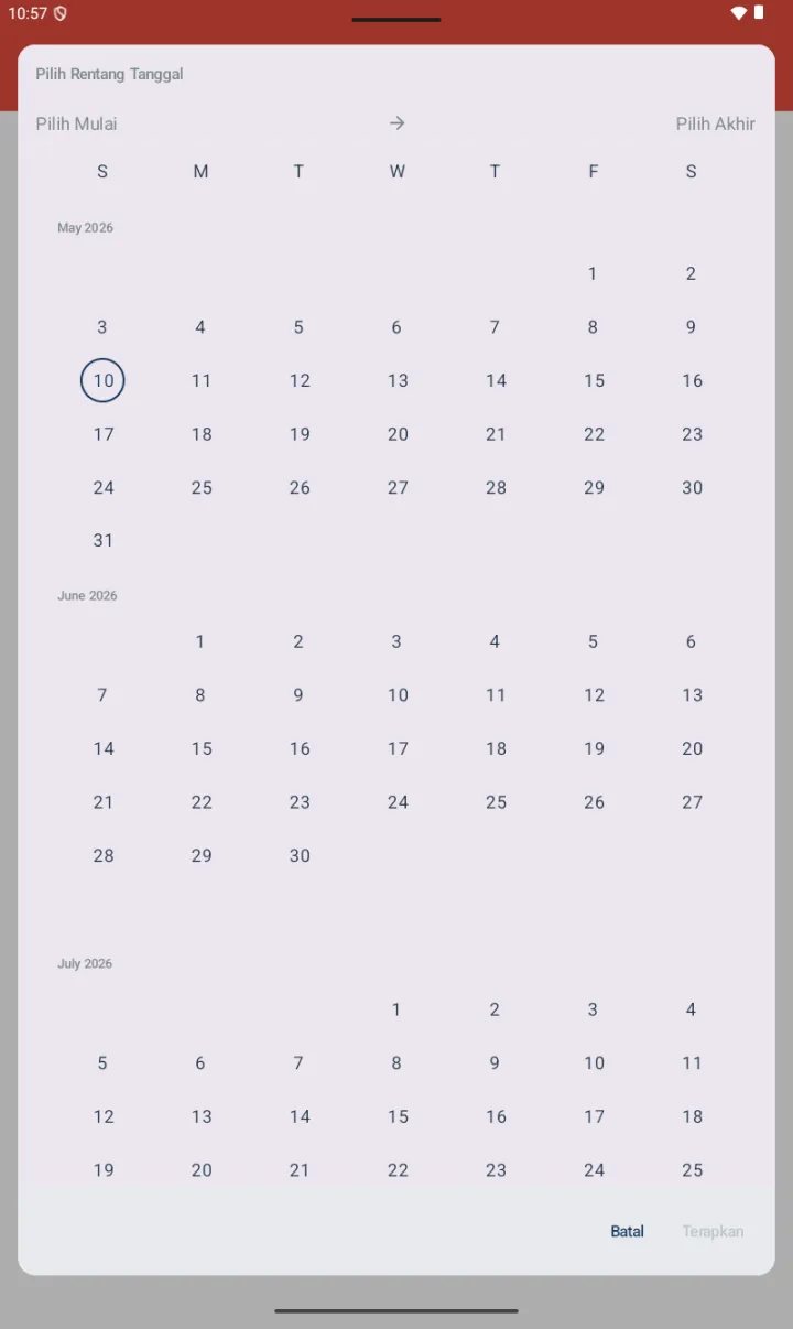 Dialog Pilih Rentang Tanggal dengan label Pilih Mulai dan Pilih Akhir, kalender 3 bulan May/June/July 2026 dengan tanggal hari ini 10 highlighted, tombol Batal dan Terapkan
