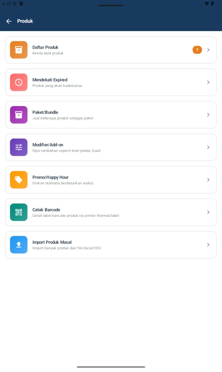 Hub menu Produk dengan 7 sub-menu: Daftar Produk, Mendekati Expired, Paket/Bundle, Modifier/Add-on, Promo/Happy Hour, Cetak Barcode, Import Produk Masal