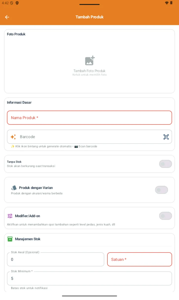 Form Tambah Produk bagian atas: Foto Produk, Informasi Dasar (Nama, Barcode), toggle Tanpa Stok / Varian / Modifier