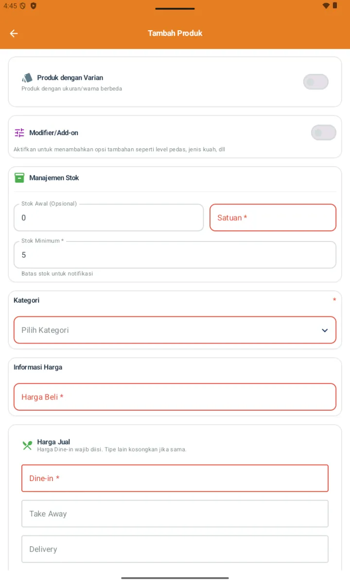 Form bagian bawah: Manajemen Stok (Stok Awal, Satuan, Stok Minimum), Kategori, Informasi Harga (Harga Beli, Harga Jual per Tipe Pesanan)
