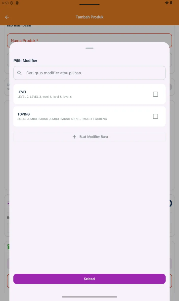 Bottom sheet Pilih Modifier dengan 2 group LEVEL dan TOPING beserta checkbox