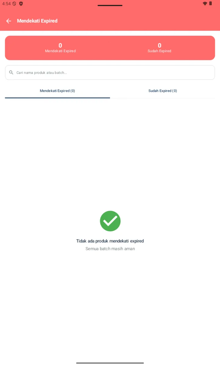Halaman Mendekati Expired dengan 2 tab dan empty state hijau Tidak ada produk mendekati expired / Semua batch masih aman