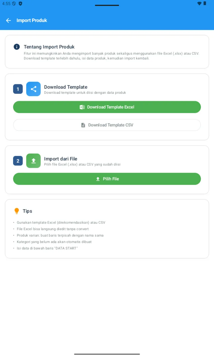 Halaman Import Produk dengan 2 step: Download Template Excel/CSV dan Import dari File, plus tips