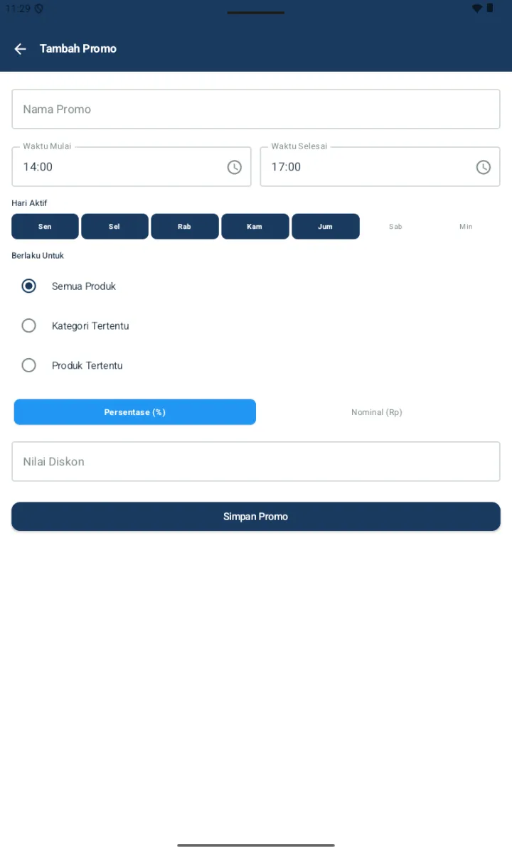 Form Tambah Promo dengan field Nama Promo, Waktu Mulai 14:00 dan Waktu Selesai 17:00, Hari Aktif chip Sen-Jum aktif Sab-Min off, Berlaku Untuk Semua Produk selected, Persentase (%) selected, Nilai Diskon, tombol Simpan Promo