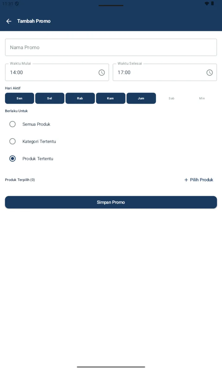 Form mode Produk Tertentu dengan section Produk Terpilih (0) dan tombol + Pilih Produk, tanpa field Persentase/Nominal/Nilai Diskon (mungkin per produk individu)