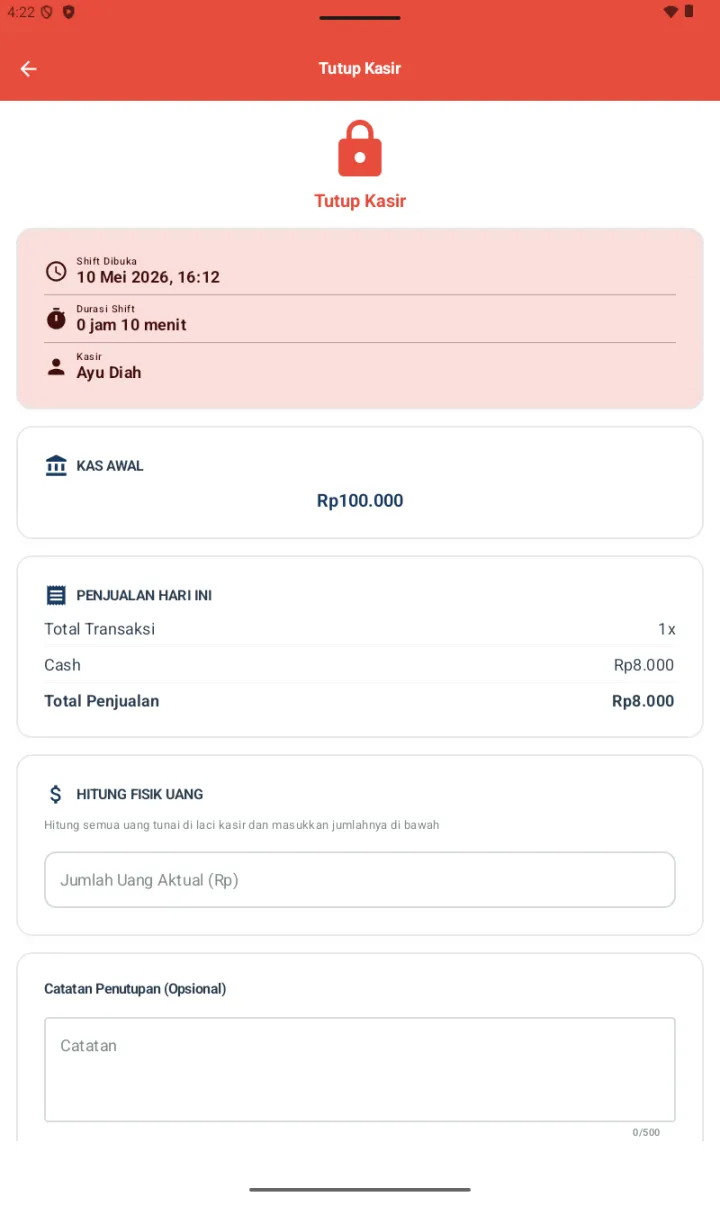 Halaman Tutup Kasir dengan card pink Shift Dibuka 10 Mei 2026 16:12 Durasi 0 jam 10 menit Kasir Ayu Diah, Kas Awal Rp100.000, Penjualan Hari Ini Total Transaksi 1x Cash Rp8.000 Total Rp8.000, field Jumlah Uang Aktual, Catatan Penutupan