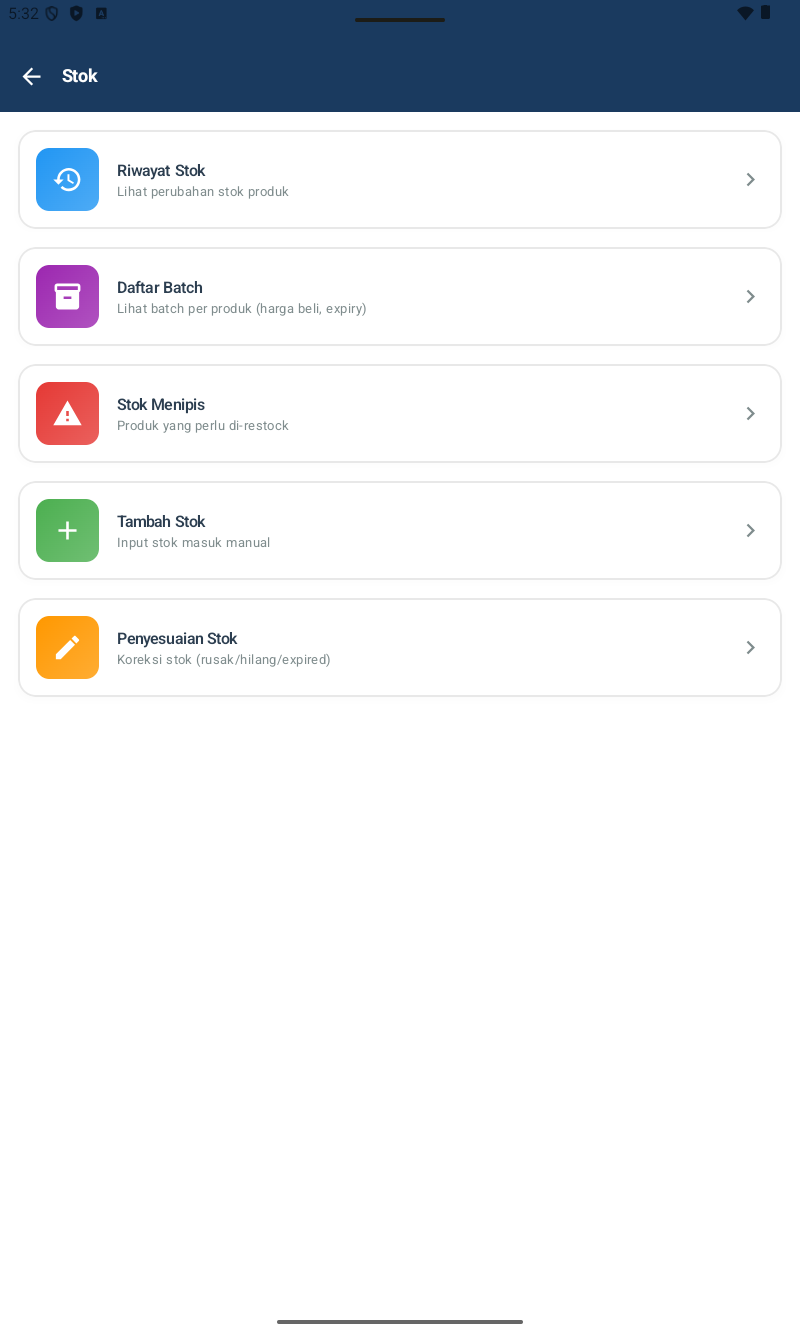 Halaman Stok — list menu dengan stok saat ini, badge warning stok rendah, tombol Tambah Stok per item