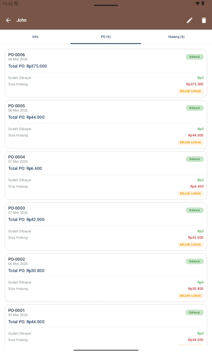 Tab PO supplier dengan 6 PO dari PO-0001 sampai PO-0006, masing-masing menampilkan tanggal, total PO, badge Selesai, info Sudah Dibayar Rp0, Sisa Hutang, badge oranye BELUM LUNAS