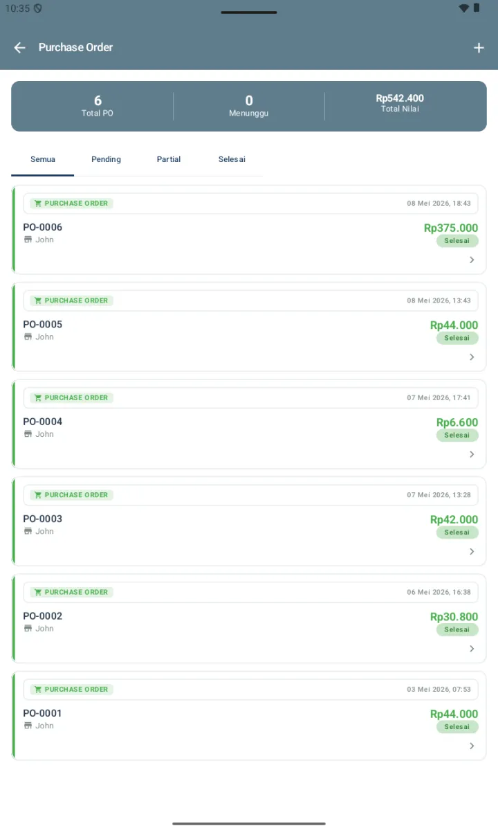Halaman Purchase Order dengan stats 6 Total PO / 0 Menunggu / Rp542.400 Total Nilai, 4 tab Semua/Pending/Partial/Selesai, list PO dari supplier John dengan masing-masing PO-NNNN, total amount, badge Selesai
