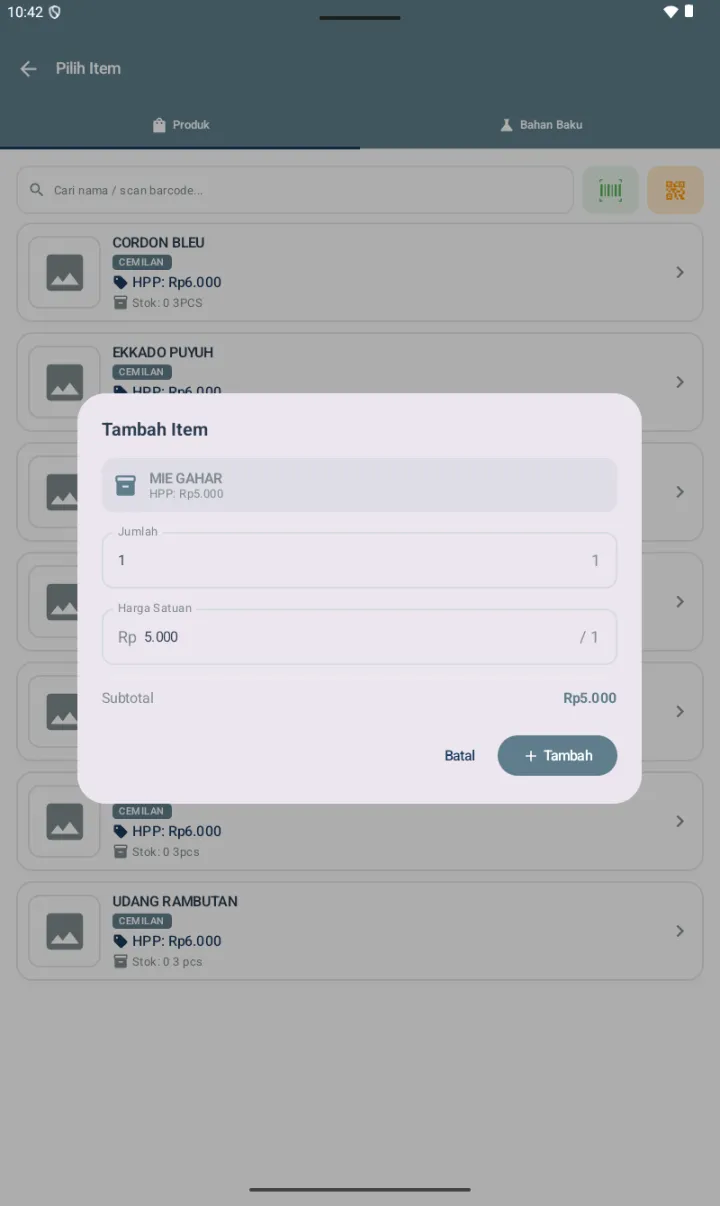 Dialog Tambah Item untuk MIE GAHAR (HPP Rp5.000) dengan field Jumlah 1 dan Harga Satuan Rp 5.000 / 1, Subtotal Rp5.000, tombol Batal dan + Tambah