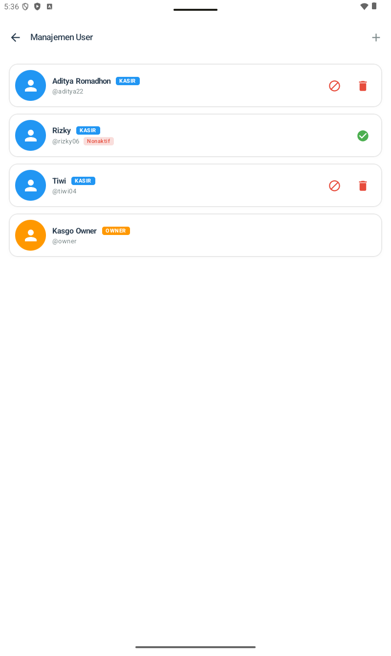 Halaman Manajemen User FnB — header navy, (+) di kanan atas. List user contoh: 'Kasir Pagi' badge KASIR (biru, @kasirpagi) dengan ikon block + delete, dan 'Ferdiansyah' badge OWNER (oranye, @owner) tanpa ikon aksi