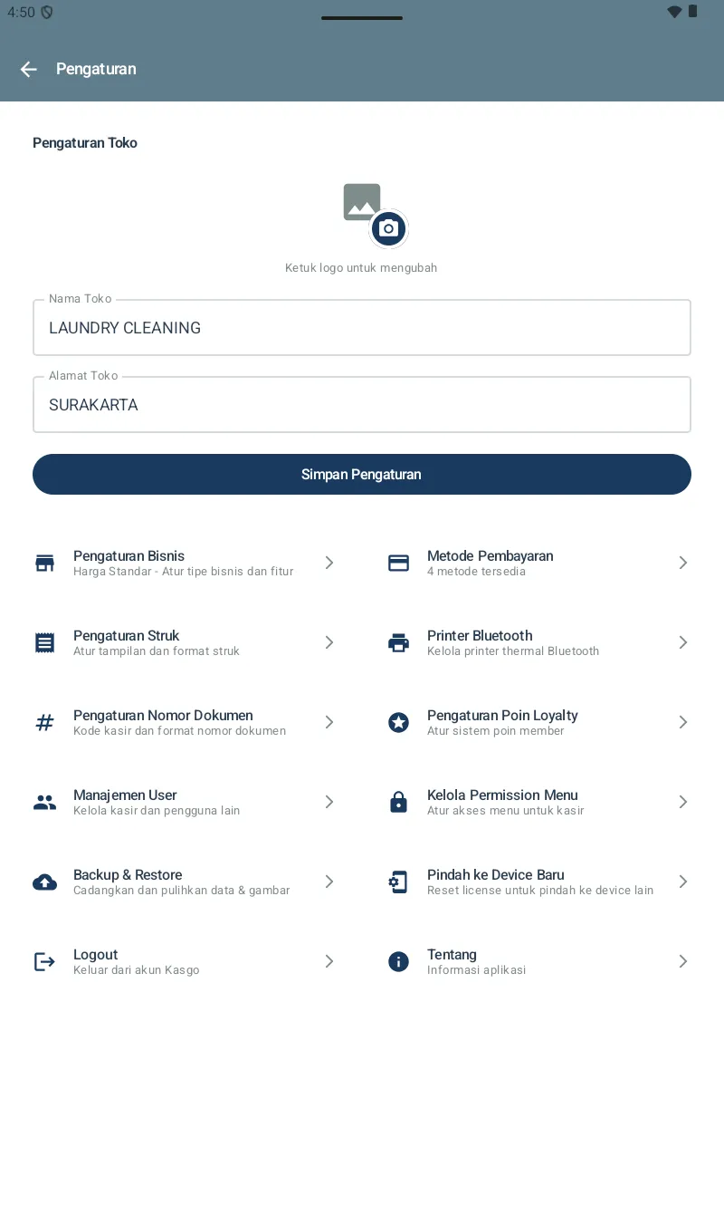 Halaman Pengaturan Kasgo Laundry dengan list 14+ sub-menu konfigurasi (Toko, Bisnis, Metode Bayar, Struk, Printer, Backup, dll)