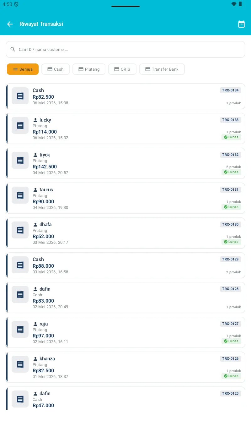 Riwayat Transaksi Laundry dengan filter tanggal & list semua transaksi yang selesai