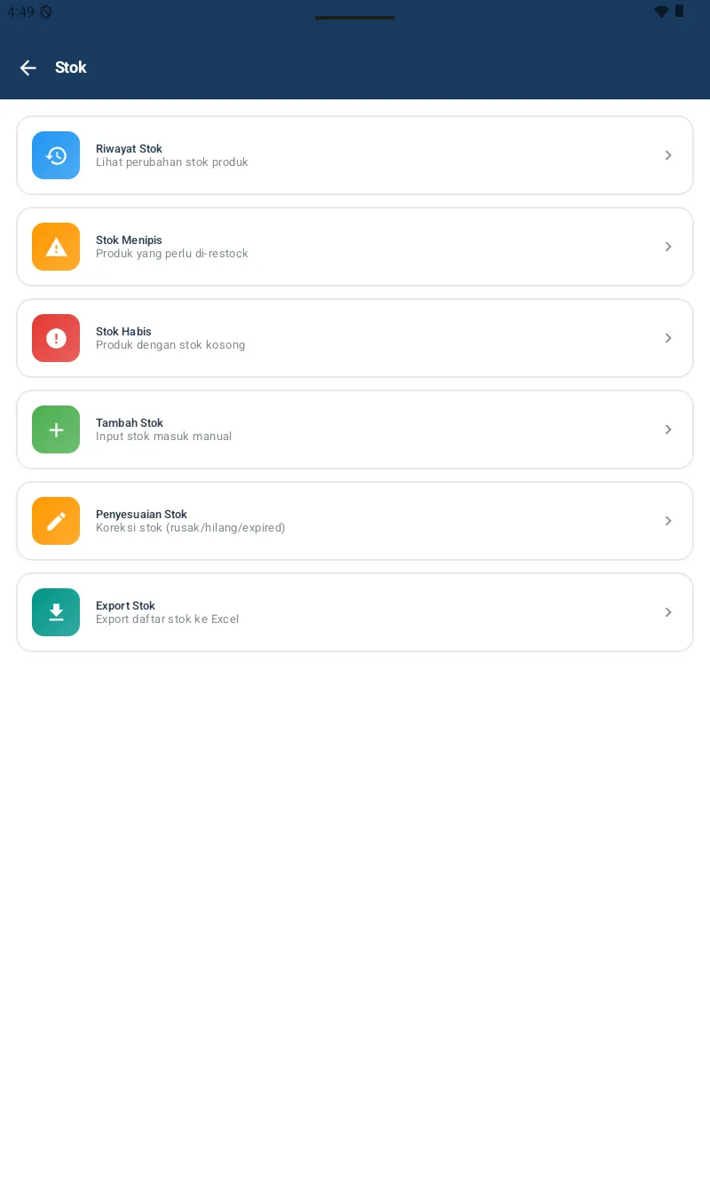 Halaman Stok Kasgo Laundry dengan sub-menu manajemen stok