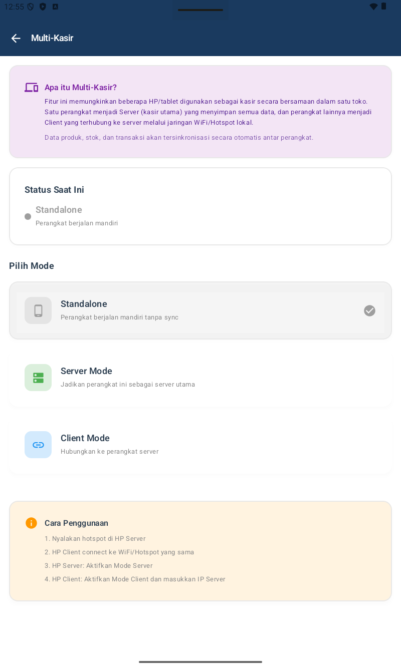 Halaman Multi-Kasir dengan 3 mode card: Standalone (selected), Server Mode, Client Mode, plus info Cara Penggunaan