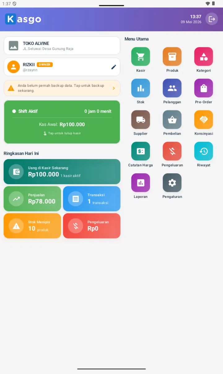 Dashboard saat shift aktif — card hijau Shift Aktif dan card Uang di Kasir Sekarang muncul