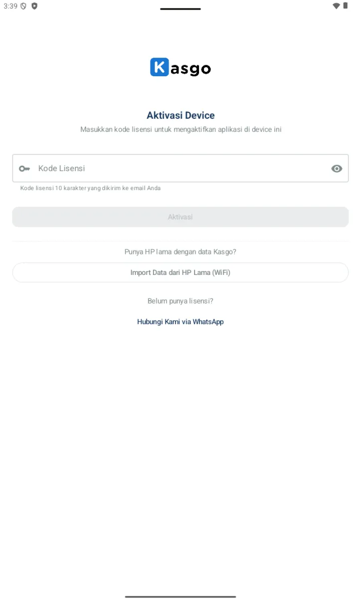 Halaman Aktivasi Device dengan field Kode Lisensi, tombol Aktivasi, opsi Import Data dari HP Lama, dan link Hubungi Kami via WhatsApp
