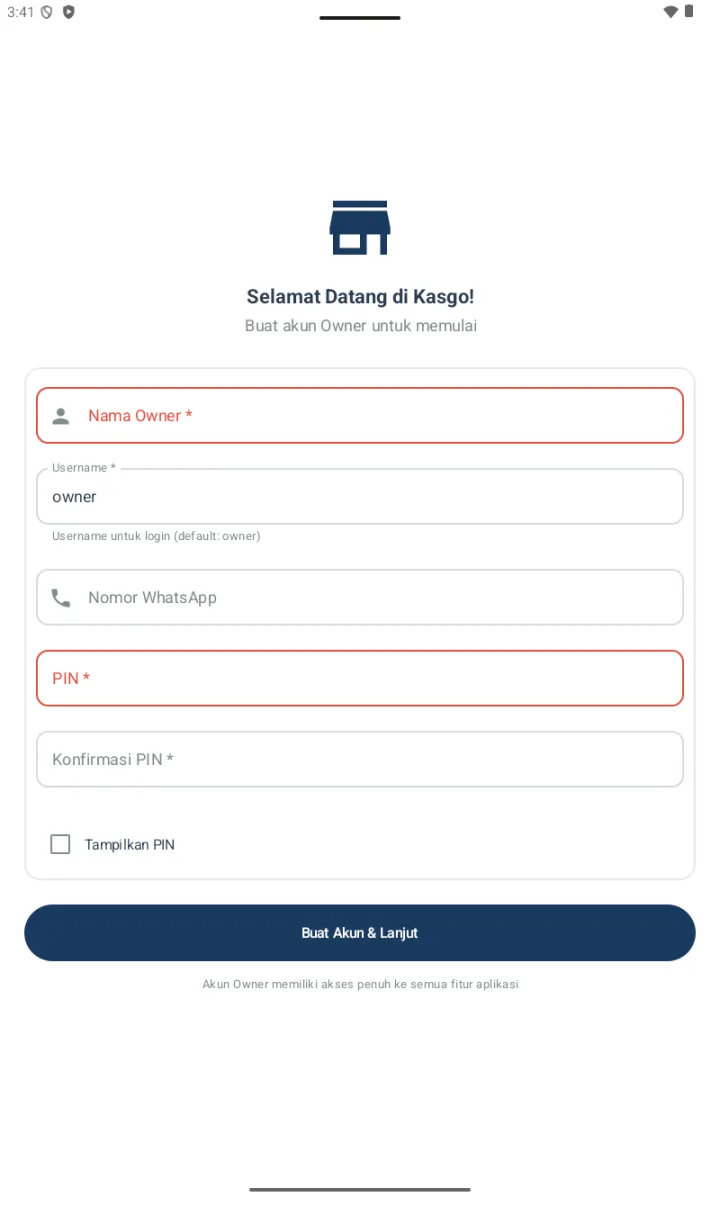 Halaman Selamat Datang di Kasgo dengan form Buat akun Owner: Nama Owner, Username default owner, Nomor WhatsApp, PIN, Konfirmasi PIN, dan tombol Buat Akun & Lanjut