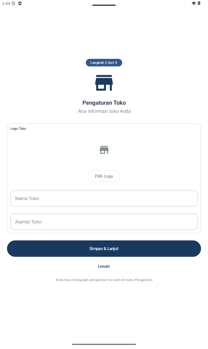 Halaman Pengaturan Toko Langkah 2 dari 3 dengan card Logo Toko, field Nama Toko, Alamat Toko, tombol Simpan & Lanjut, dan link Lewati