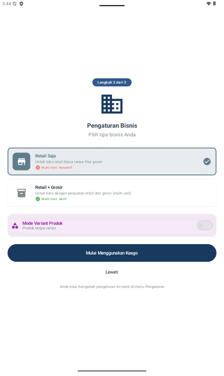 Halaman Pengaturan Bisnis Langkah 3 dari 3 dengan pilihan Retail Saja (selected) atau Retail + Grosir, toggle Mode Variant Produk, dan tombol Mulai Menggunakan Kasgo