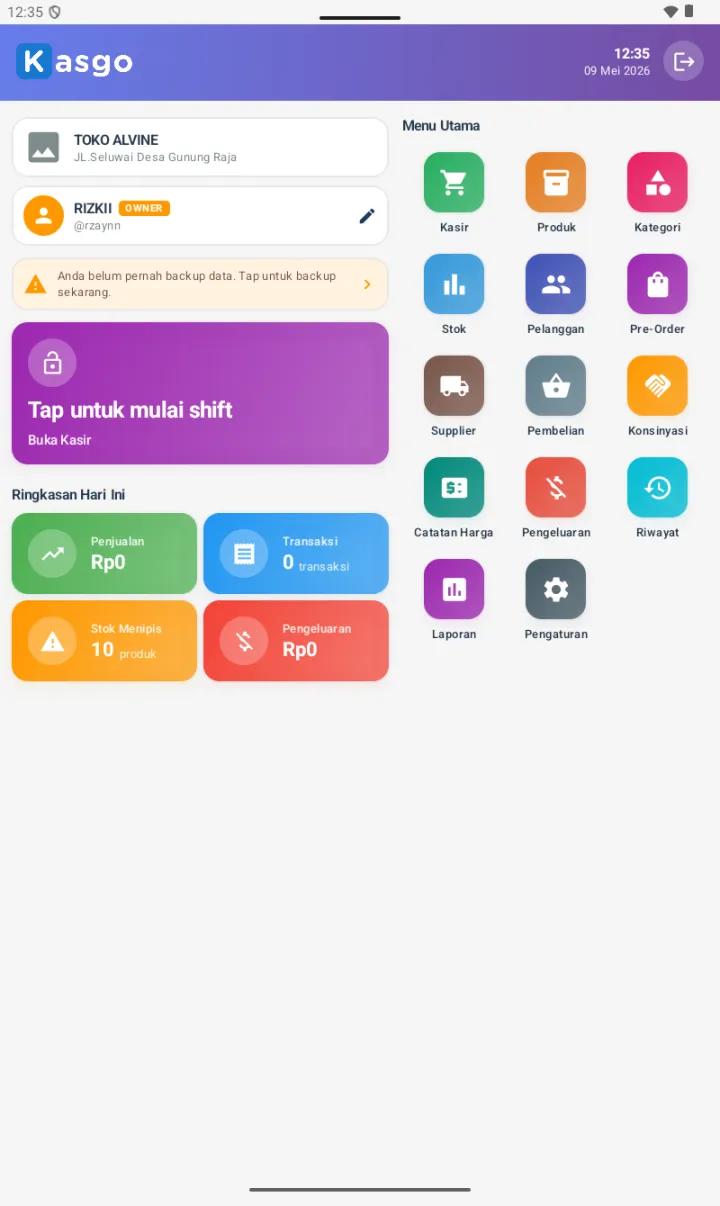 Halaman Home dengan menu Kasir dan card Buka Kasir