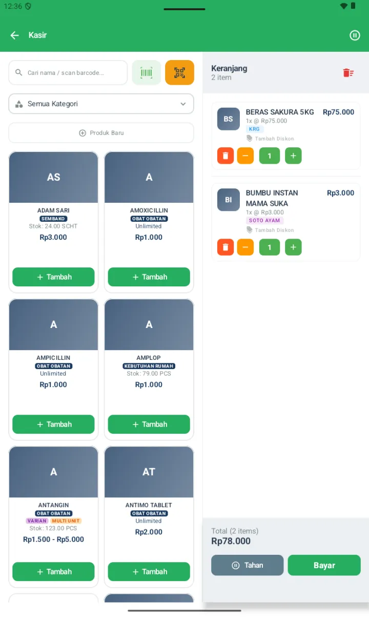 Halaman Kasir dengan search bar, filter kategori, grid produk, dan panel Keranjang berisi item