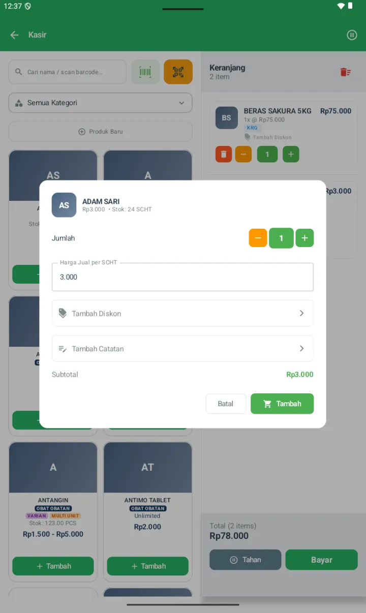 Dialog Tambah produk multi-unit menampilkan Jumlah, Harga Jual per SCHT, Tambah Diskon, dan Tambah Catatan