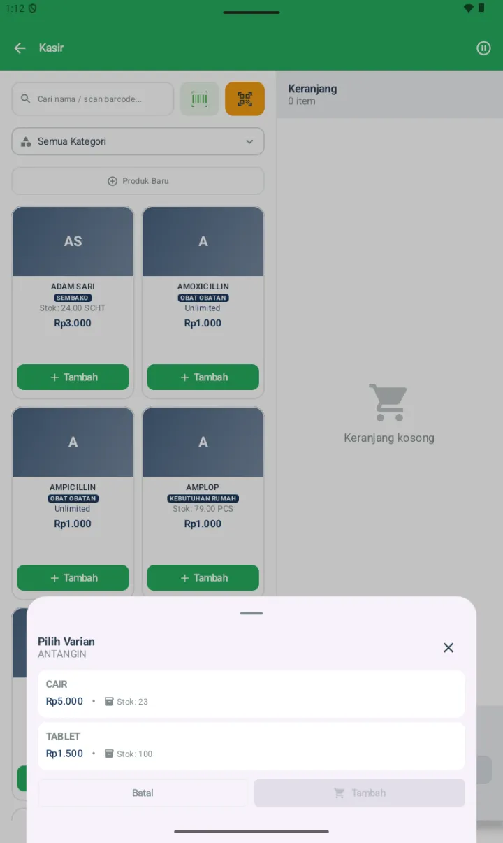 Bottom-sheet Pilih Varian untuk produk Antangin menampilkan dua varian Cair dan Tablet