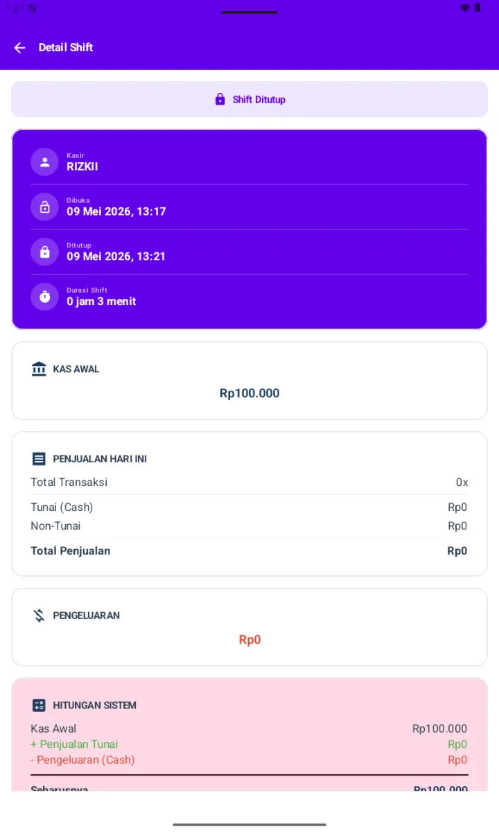 Detail Shift bagian atas: info shift, Kas Awal, Penjualan Hari Ini, Pengeluaran