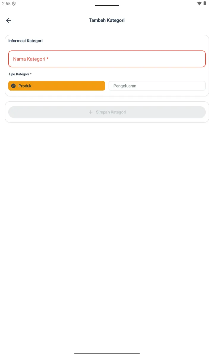 Form Tambah Kategori dengan field Nama Kategori dan pilihan Tipe Kategori (Produk atau Pengeluaran)
