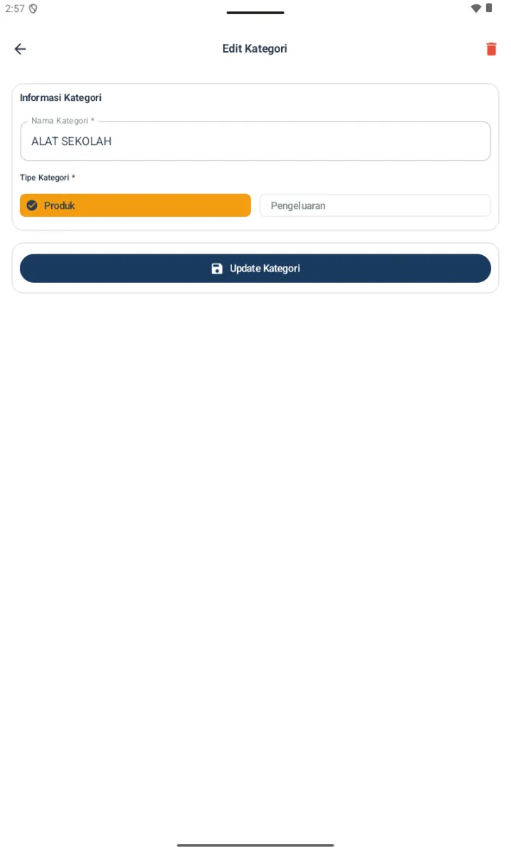 Form Edit Kategori dengan nama ALAT SEKOLAH dan tombol trash di header