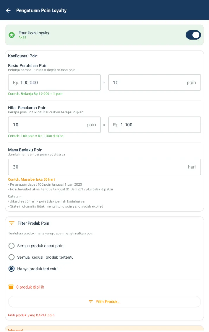 Filter Produk Poin mode Hanya produk tertentu menampilkan tombol Pilih Produk