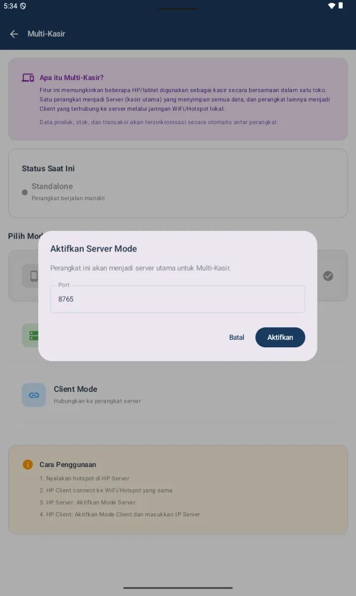 Dialog Aktifkan Server Mode dengan input Port 8765