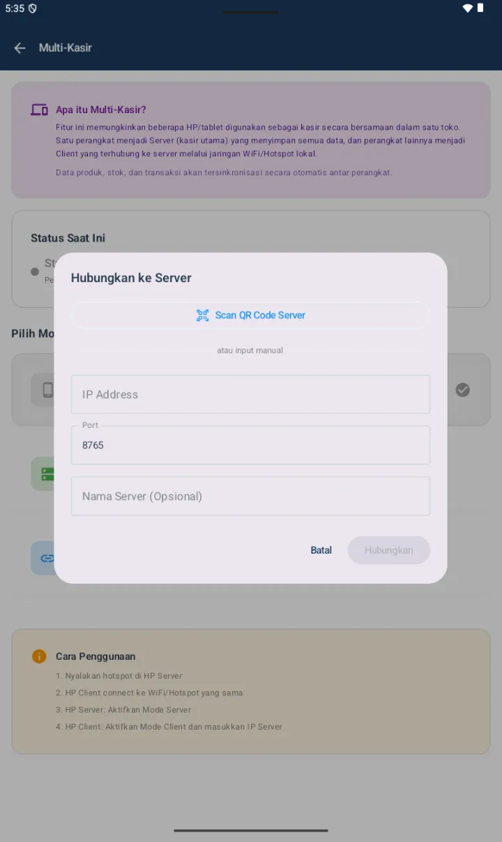 Dialog Hubungkan ke Server dengan opsi Scan QR Code Server atau input manual IP Address, Port, Nama Server