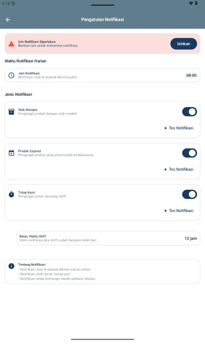 Halaman Pengaturan Notifikasi dengan banner Izin Notifikasi, Jam Notifikasi 08:00, dan 3 toggle Stok Menipis, Produk Expired, Tutup Kasir