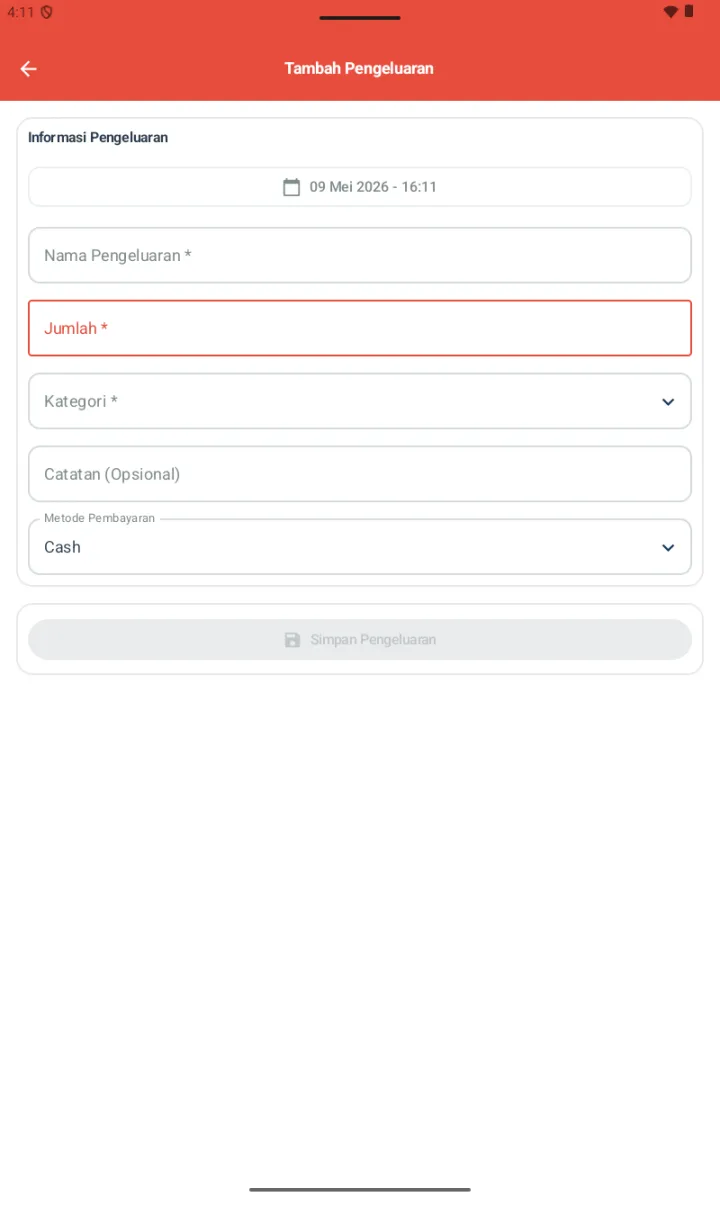 Form Tambah Pengeluaran dengan tanggal, nama, jumlah, kategori, catatan, metode pembayaran