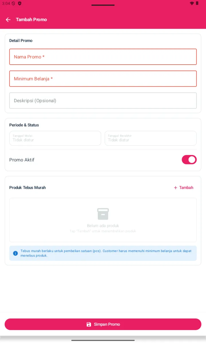 Form Tambah Promo Tebus Murah dengan Detail Promo, Periode & Status, dan Produk Tebus Murah