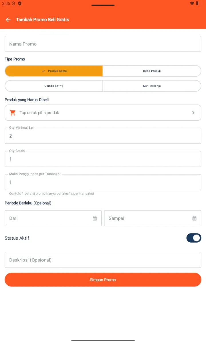 Form Tambah Promo Beli Gratis dengan Tipe Promo (Produk Sama / Beda Produk / Combo / Min. Belanja), Produk yang Harus Dibeli, Qty Minimal, Qty Gratis, Maks Penggunaan, Periode, Status Aktif