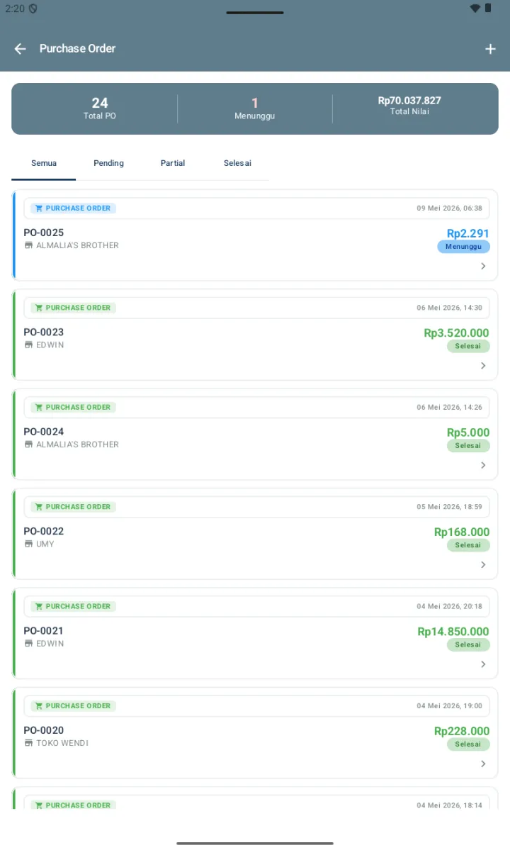 Halaman Purchase Order dengan stats card 24 Total PO, 1 Menunggu, dan Total Nilai Rp70.037.827