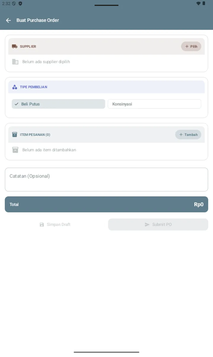 Form Buat Purchase Order dengan section SUPPLIER, TIPE PEMBELIAN (Beli Putus / Konsinyasi), ITEM PESANAN, Catatan, dan footer sticky Total dengan tombol Simpan Draft & Submit PO