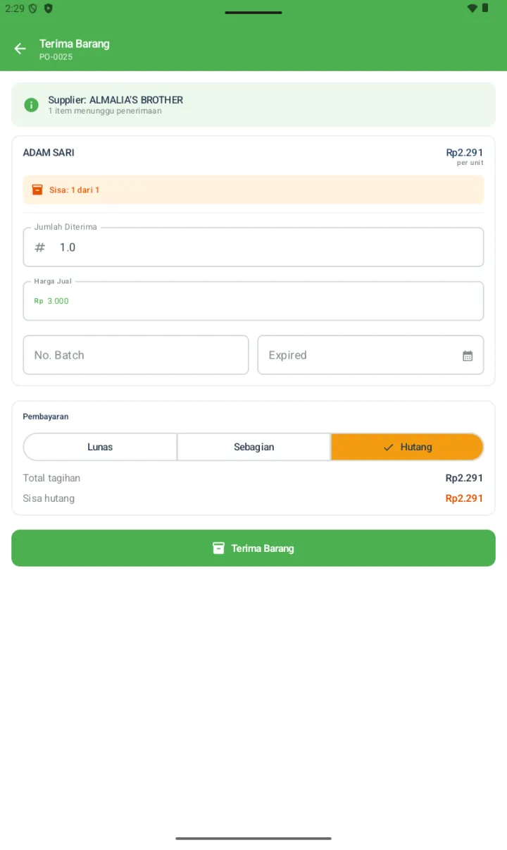 Halaman Terima Barang dengan card item ADAM SARI (Sisa 1 dari 1, Jumlah Diterima 1.0, Harga Jual Rp 3.000, No. Batch, Expired) dan Pembayaran toggle Lunas/Sebagian/Hutang