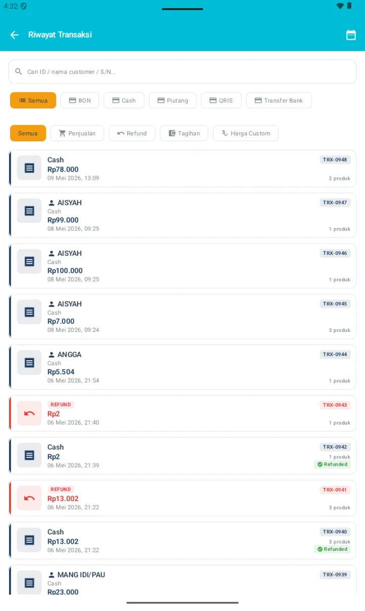Halaman Riwayat Transaksi dengan 2 baris chip filter (metode dan tipe), list transaksi normal dan refund