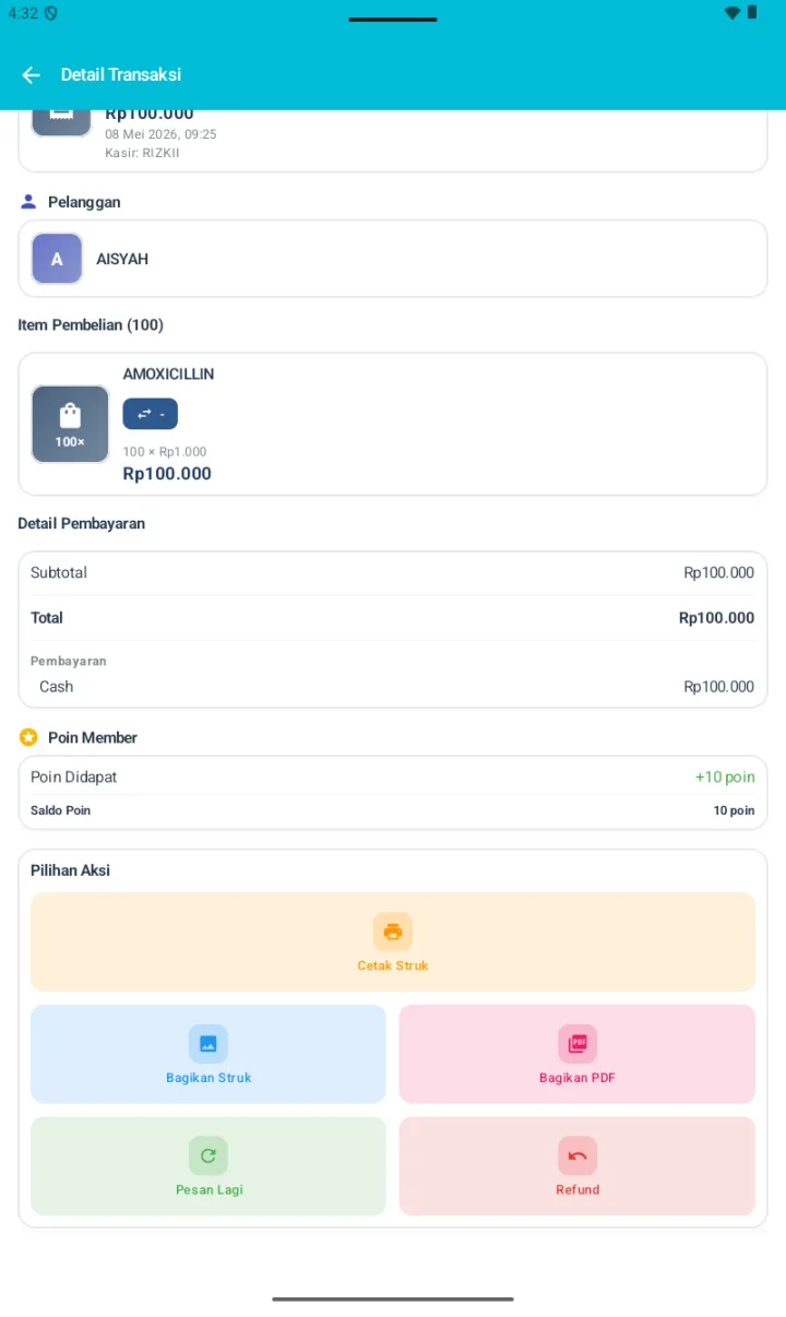 Pilihan Aksi di Detail Transaksi: Cetak Struk, Bagikan Struk, Bagikan PDF, Pesan Lagi, Refund