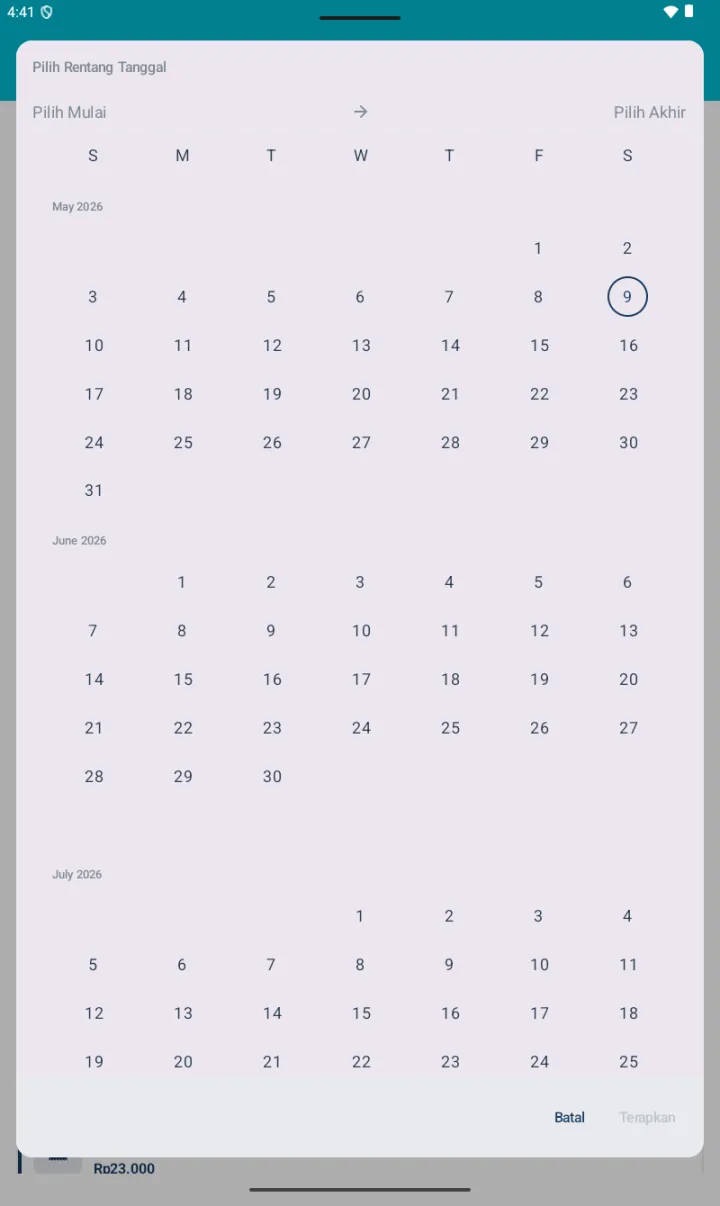 Dialog Pilih Rentang Tanggal dengan calendar view multi-bulan, Pilih Mulai dan Pilih Akhir